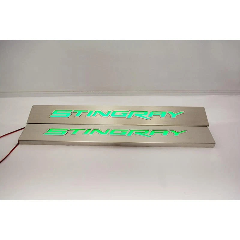 Brushed Replacement Door Sill Kit w/Red LED&'Stingray' Logo for 2014-19 Corvette