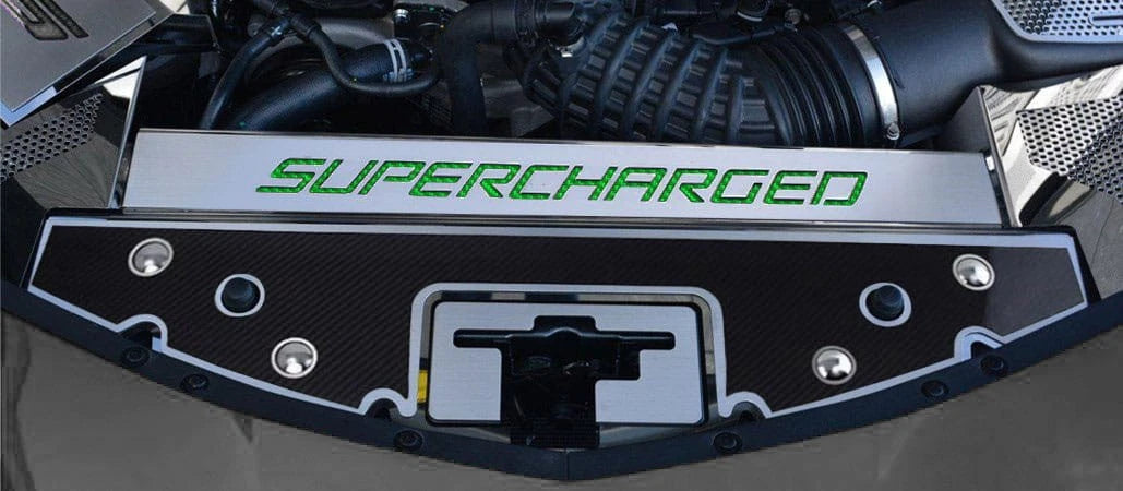 Carbon Fiber Front Header Plate w/Green CF Vinyl "SUPERCHARGED" for 16-20 Camaro