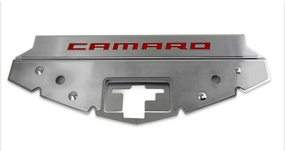 Brushed Front Header Plate w/Red C-Fiber Vinyl "CAMARO" Inlay for 2016-20 Camaro