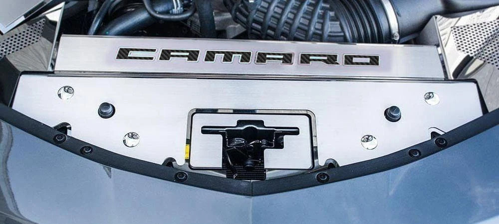 Brushed Front Header Plate with Black C-Fiber Vinyl for 2016–2020 Camaro