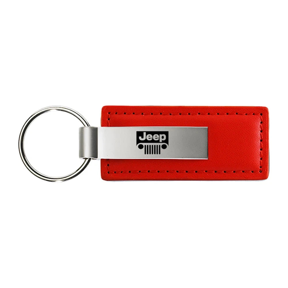 Grille Logo on Red Leather Keychain - Officially Licensed for Jeep