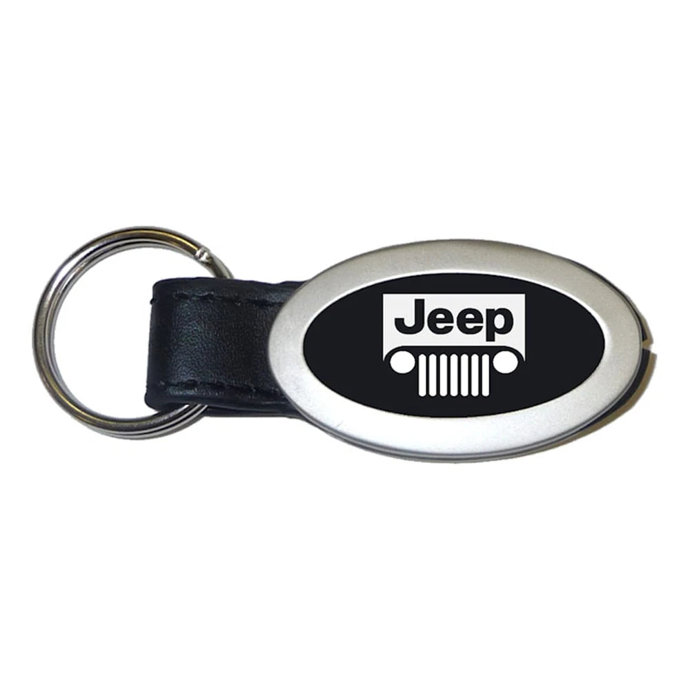 Grille Logo on Black Oval Leather Keychain - Officially Licensed for Jeep