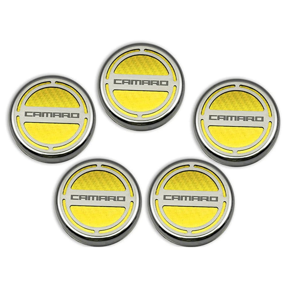 Chrome Cap Covers w/Yellow C-Fiber Inlay&'Camaro' for 10-15 Camaro V6 Automatic