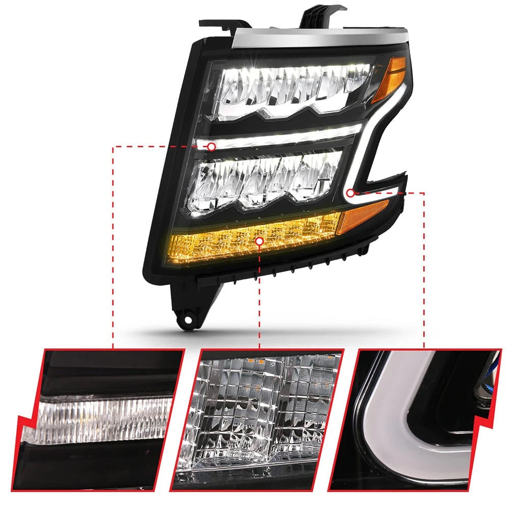 LED Crystal Headlight Black Clear Lens for 2015–2020 Chevrolet Tahoe
