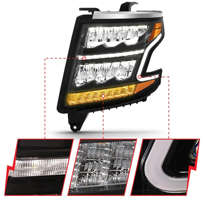 LED Crystal Headlight Black Clear Lens for 2015–2020 Chevrolet Tahoe
