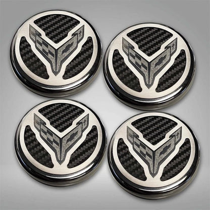 Black Carbon Fiber Cap Cover Set w/Cross Flag for 20-22 Chevy Corvette C8 Coupe